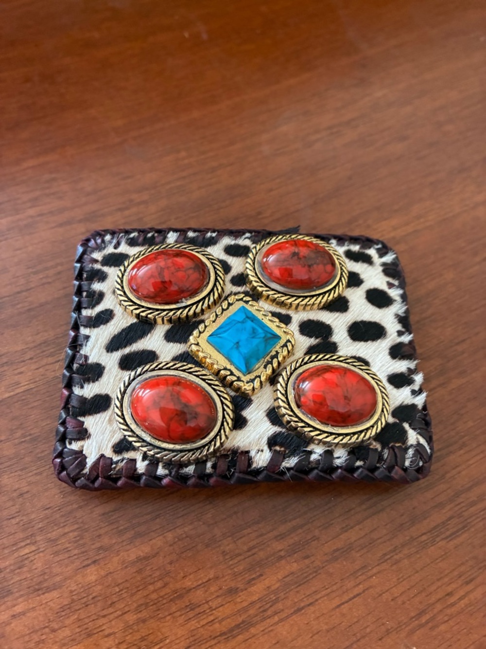 Leopard Print Western Belt Buckle with Red and Turquoise Stones
